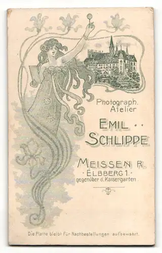 Fotografie Emil Schlippe, Meissen, Portrait wunderschönes Fräulein im bestickten Kleid