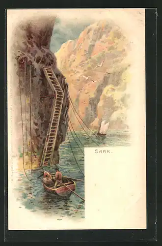 AK Sark, Felslandschaft mit Ufer und Holzboot