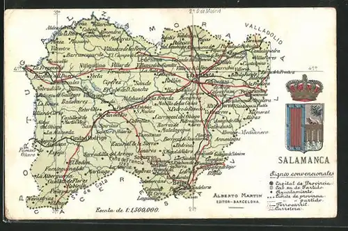 AK Salamanca, geografische Karte mit Umgebung und Wappen der Stadt