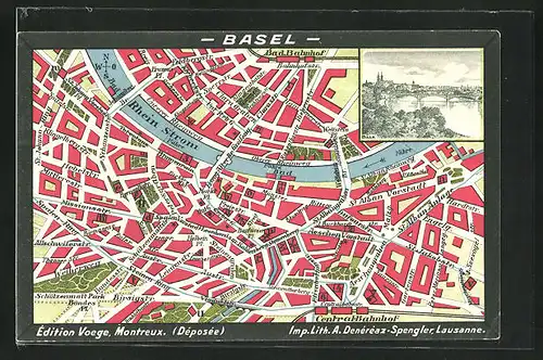 AK Basel, Stadtplan mit Rhein, Stadtansicht