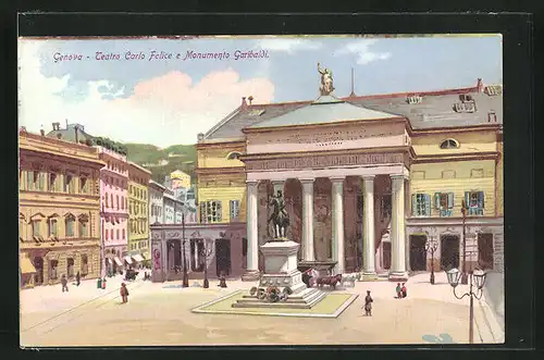 Künstler-AK Genova, Teatro Carlo Felice e Monumento Garibaldi