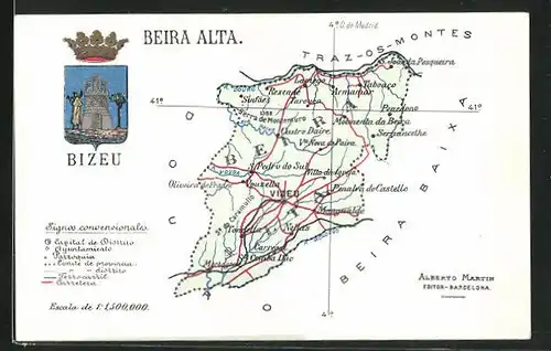 AK Viseu, geografische Karte von Beira Alta mit Wappen
