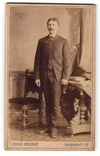 Fotografie Julius Grusche, Neugersdorf i/S., Mann im Anzug stehend mit Schnauzbart