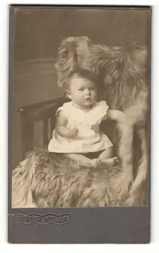 Fotografie Otto Langner, Altenburg s/A., Baby im Kleidchen auf Pelz sitzend