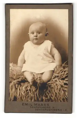 Fotografie Emil Maass, Schwarzenberg i. S., Baby auf Pelz sitzend