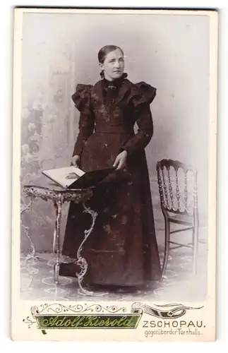 Fotografie Adolf Zierold, Zschopau, Portrait elegant gekleidete Dame mit Buch an Tisch gelehnt