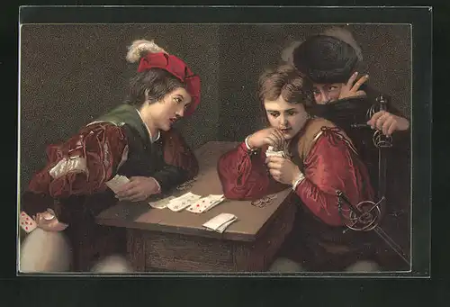 Künstler-AK Falschspieler beim Kartenspiel