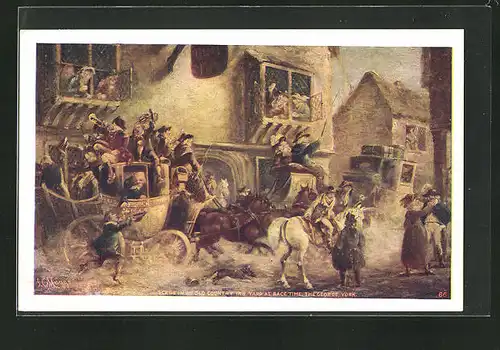 AK York, Scene in an old Country Inn Yard at race time, The George, Strassenpartie mit Postkutsche