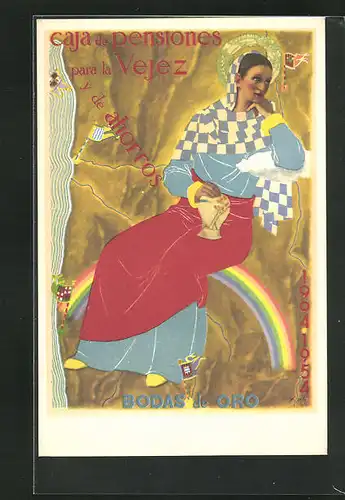 AK Bank, Caja de Pensiones para la Vejez y de ahorros, Bodas de Oro, Frau sitzt auf einem Regenbogen