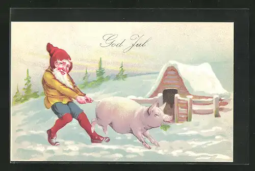 AK Zwerg hält Schwein mit Kleeblatt fest, Winter, God Jul