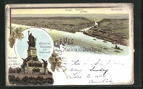 Lithographie Rüdesheim a. Rhein, Nationaldenkmal a. d. Niederwald, Blick auf den Rhein, Mündung der Nahe