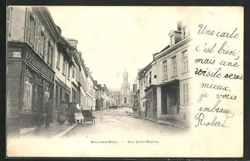 AK Ailly-sur-Noye, Rue Saint-Martin, Geschäfte und Blick auf Kirche