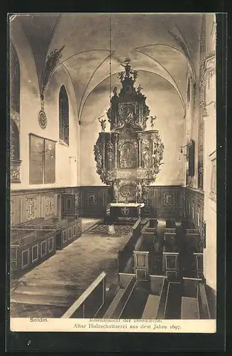 AK Soldin / Mysliborz, Innenansicht der Domkirche, Altar Holzschnitzerei