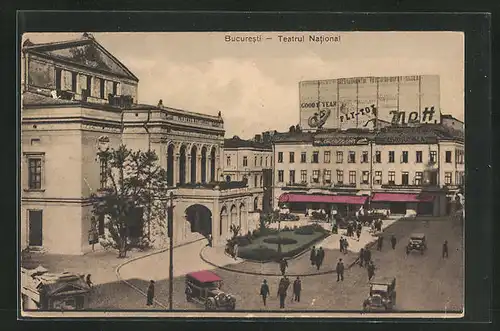 AK Bucuresti, Teatrul National mit Vorplatz und geschäftige Strasse