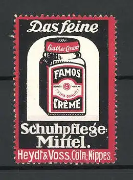 Reklamemarke Famos Creme Schuhpflegemittel, Heydt & Voss Köln, Flasche Ledercreme