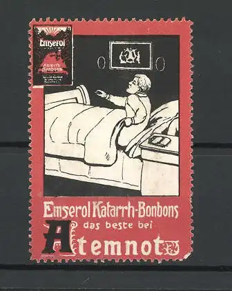 Reklamemarke Emserol Katarrh-Bonbons, Kranker liegt in seinem Bett