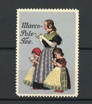 Reklamemarke Marco Polo-Tee, Mutter mit zwei Töchtern trinken Tee
