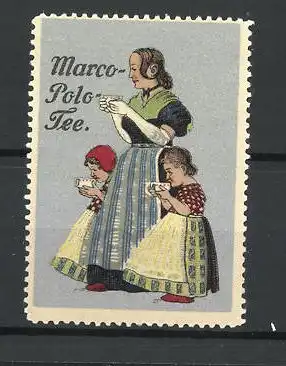 Reklamemarke Marco Polo-Tee, Mutter mit zwei Töchtern geniesst Tee