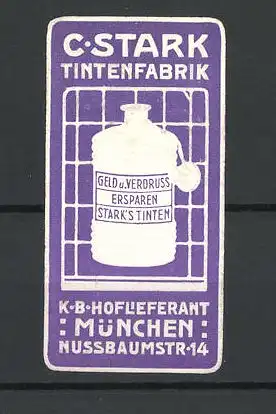 Reklamemarke Tintenfabrik C. Stark München, Tintenfass