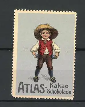 Reklamemarke Atlas Kakao-Schokolade, Knabe zeigt Schokoladentafeln in den Hosentaschen