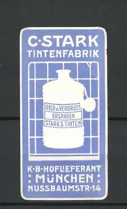 Präge-Reklamemarke C. Stark Tintenfabrik, Tintenflasche