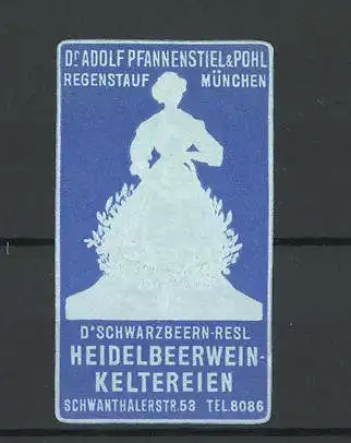 Präge-Reklamemarke D'Schwarzbeern-Resl, Heidelbeerweinkelterei Dr. Adolf Pfannenstiel & pol München, Dame im Kleid