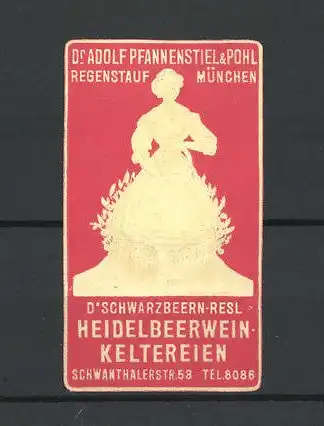 Präge-Reklamemarke D'Schwarzbeern-Resl, Heidelbeerweinkelterei Dr. Adolf Pfannenstiel & Pohl München, Dame im Kleid