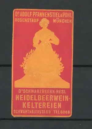 Präge-Reklamemarke D'Schwarzbeern-Resl, Heidelbeerweinkelterei Dr. Adolf Pfannenstiel & Pohl München, Dame im Kleid