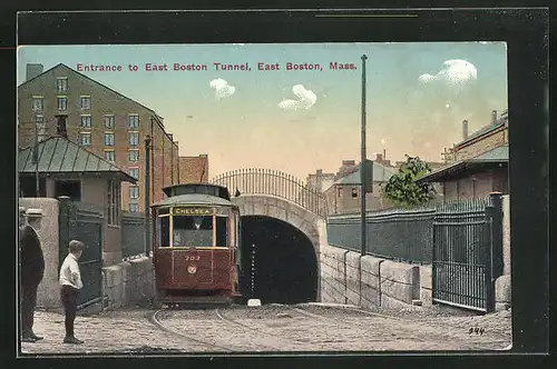 AK East Boston, MA, Entrance to East Boston Tunnel, Strassenbahn