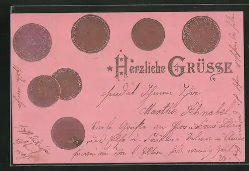 Präge-AK Geldmünzen mit Kaiser Wilhelm II. und Adler