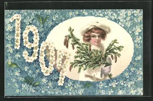 AK Jahreszahl 1907, Kind trägt weisse Winterkleidung und einen Tannenast, Veilchen