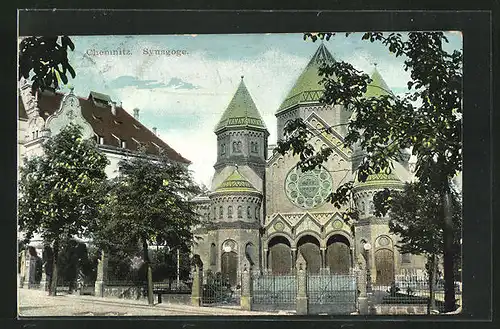 AK Chemnitz, Synagoge mit Eingangstor zur Strasse hin