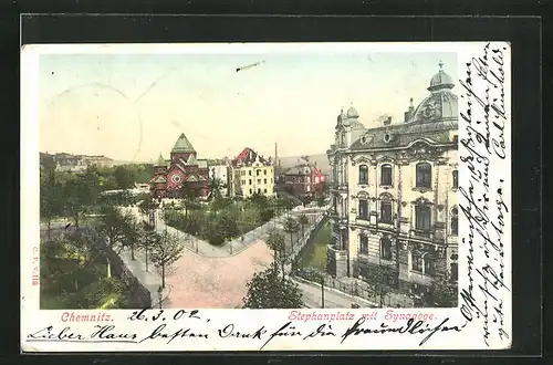 AK Chemnitz, Stephanplatz mit Synagoge und Häuserfassaden aus der Vogelschau