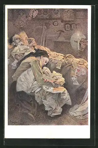 Künstler-AK Alphonse Mucha: Frau schläft mit Baby vor Bett mit Karten auf totem Mann