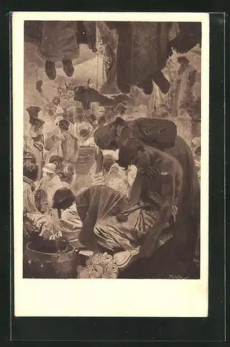Künstler-AK Alphonse Mucha: Frau beugt sich über Mann, Menschen hängen von der Decke