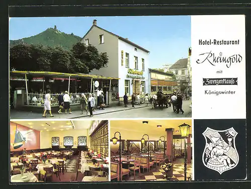 AK Königswinter / Rhein, Hotel-Restaurant Rheingold, Drachenfelsstrasse 36, Innenansichten, Wappen