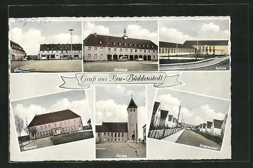 AK Neu-Büddenstedt, Blick auf Rathaus, Schule, Bahnhof, Kirche, Westendorf