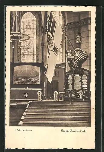 AK Wilhelmshaven, Evangelische Garnisonkirche, Innenansicht, Adler mit Reichskriegsflagge