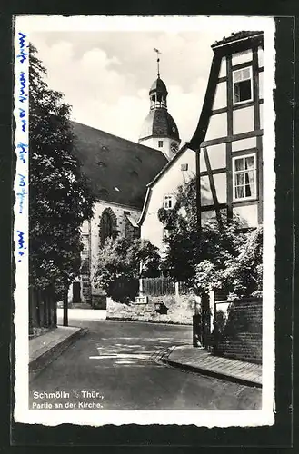 AK Schmölln / Thür., Ortspartie mit Blick zur Kirche