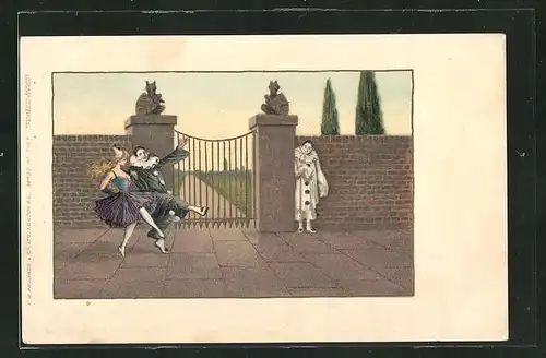 AK Harlekin tanzt mit einer Dame vor einem Tor