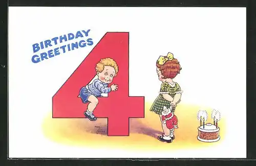 Künstler-AK Reg Carter: Kinder mit Puppe und Torte, Birthday Greetings, 4