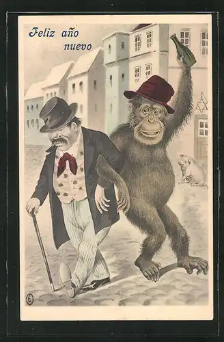 Künstler-AK Betrunkener Affe und alter Herr im Ort