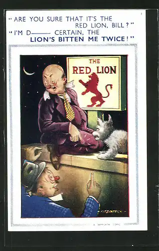 Künstler-AK The Red Lion, Betrunkener sitzt mit Hund auf einer Mauer vor einem Werbeschild