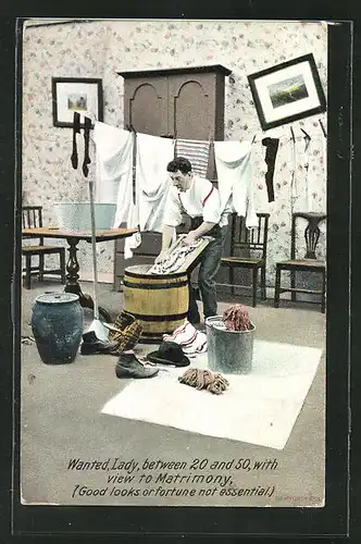 Künstler-AK Mann beim Wäschewaschen in der Waschküche