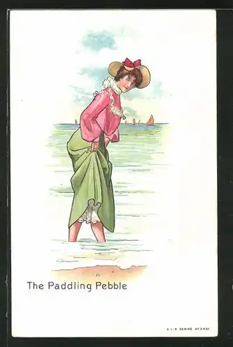 Künstler-AK The Paddling Pebble, Dame geht mit den Füssen am Wasser entlang