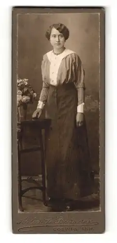 Fotografie Atelier Fr. Borrmann, Coswig / Anh., Portrait hübsch gekleidete Dame an Tisch gelehnt