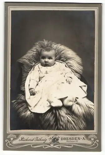Fotografie Richard Jähnig, Dresden-A, Portrait niedliches Baby im hübschen Kleid auf Fell sitzend