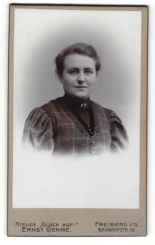Fotografie Ernst Oehme, Freiberg i / S., Portrait bürgerliche Dame im modischen Kleid mit Puffärmeln