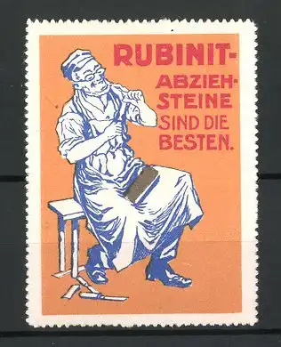 Reklamemarke Rubinit Abziehstein, Handwerker schleift seine Schere