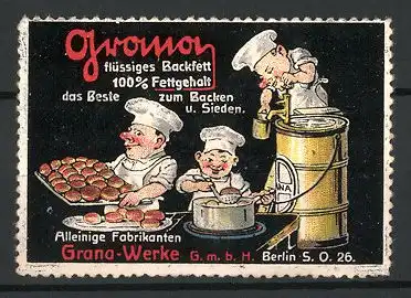 Reklamemarke Grana flüssiges Backfett, Grana-Werke GmbH, Bäcker machen Pfannkuchen
